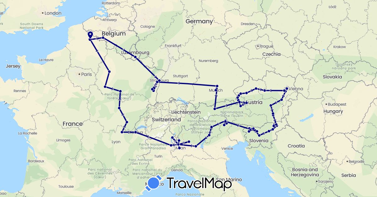 TravelMap itinerary: driving in Austria, Belgium, Switzerland, Germany, France, Italy, Luxembourg, Slovenia (Europe)